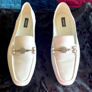 9.5 white leather DKNY loafers.
